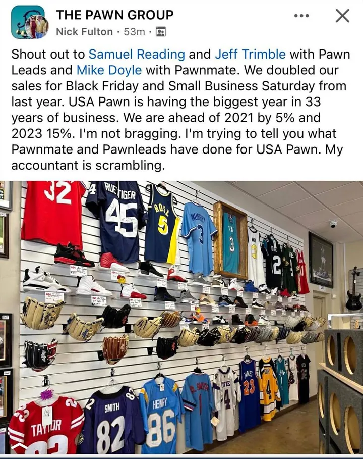Facebook post from Nick Fulton crediting Pawn Leads as USA Pawn has its biggest year in 33 years of business